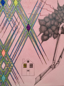 Detail: Rockhurst. 2022. -watercolor, color pencil, graphite pencil, gel pen, micro-glitter. -14” x 11”