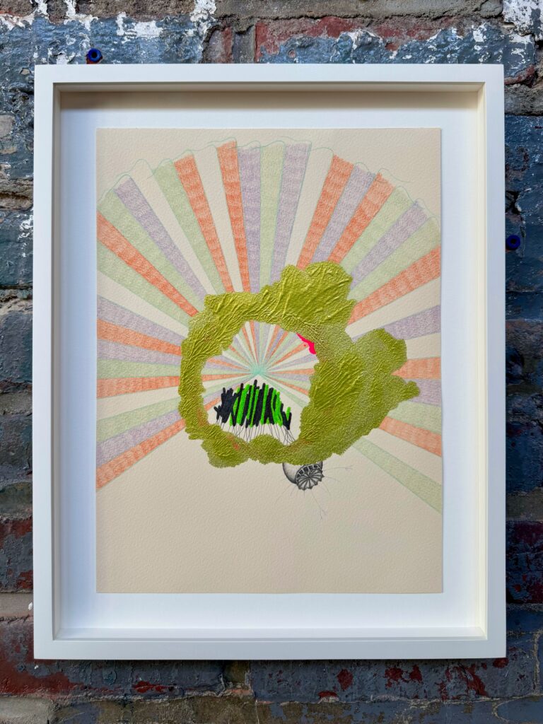 “Sprig”, 2025 -color pencil, graphite pencil, acrylic, micro-glitter. 12” x 9”