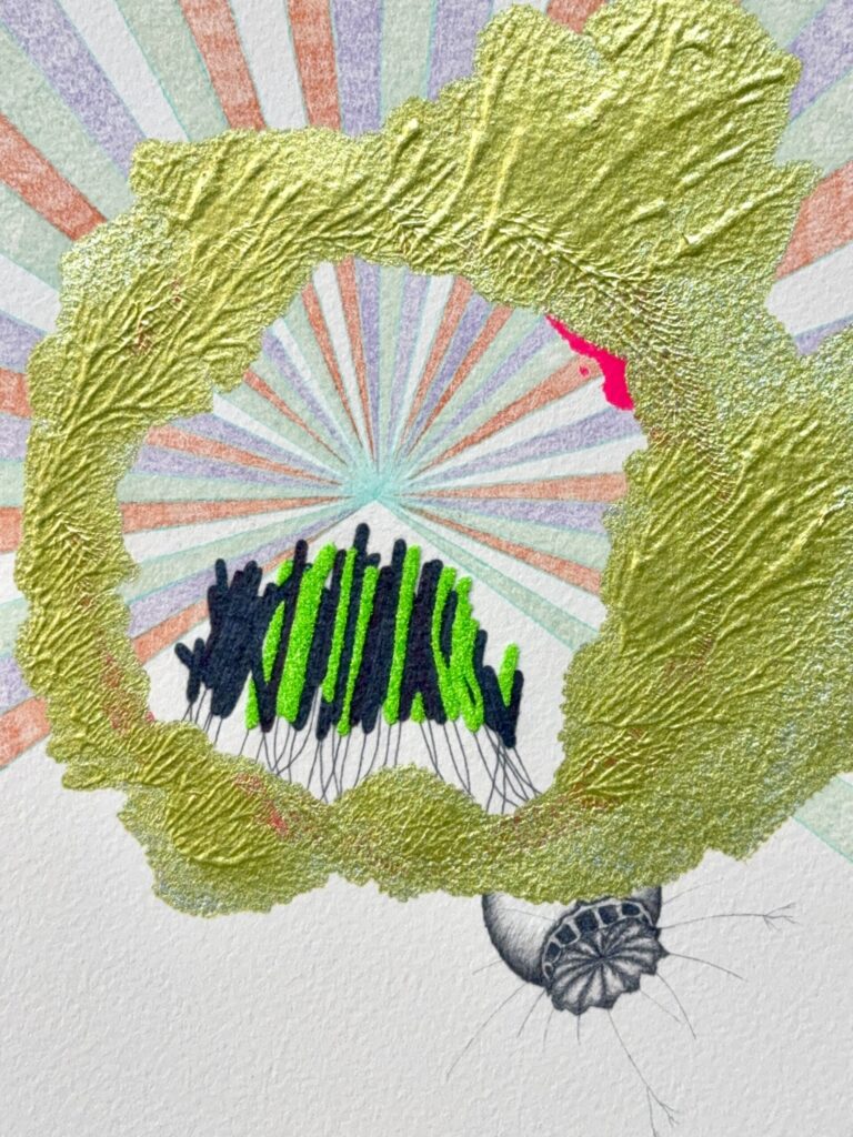 “Sprig”, 2025 -color pencil, graphite pencil, acrylic, micro-glitter. 12” x 9”